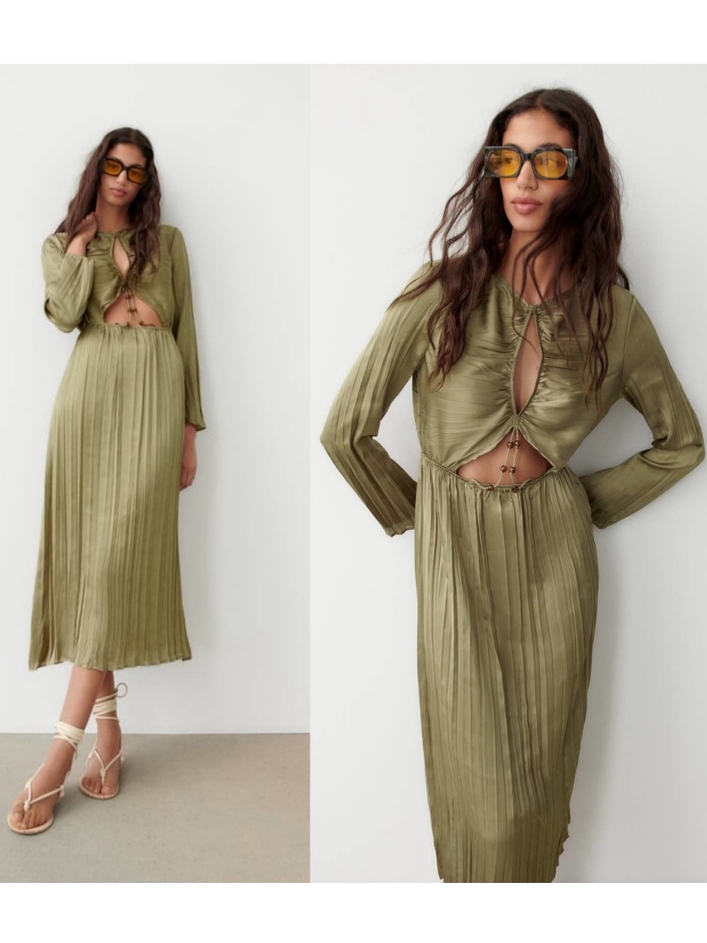 Zara Pleated Satin-Effect Midi Dress with Beads Olive Green Medium Boho